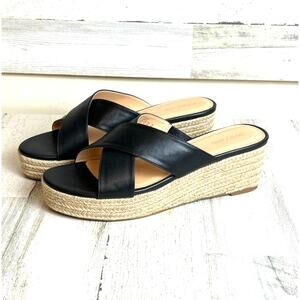 Pizzanni Womens 11 Black Faux Leather Slip On Wedge Espadrille Sandals NEW